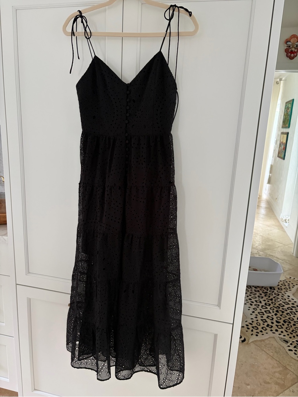 Alice + Olivia Black Eyelet Tiered Maxi Dress with Tie Straps